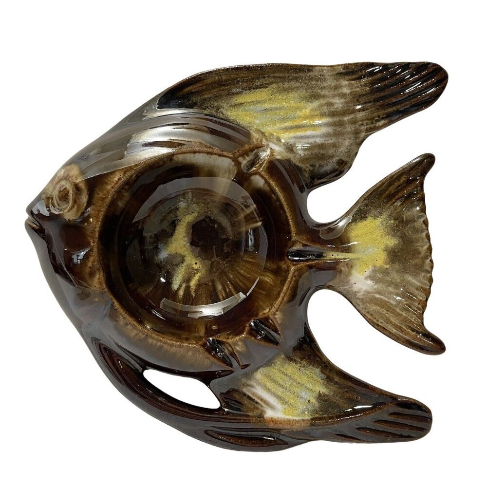 Vintage 1970s Enesco Angel Fish MCM Ashtray Brown Yellow Drip Glaze Beach House